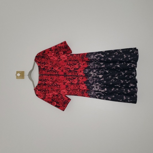 Julian Taylor Midi Dress 16 Red Black Gray Roses A-Line Wedding Guest Church - Picture 4 of 14